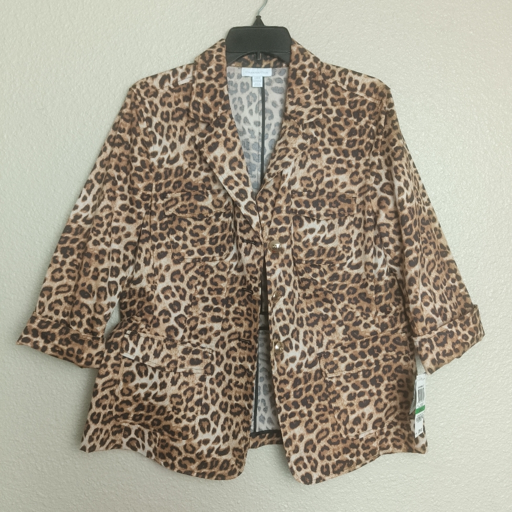 nwt Charter Club Leopard Print Utility Jacket Women Larg Brown Gold Buton Safari